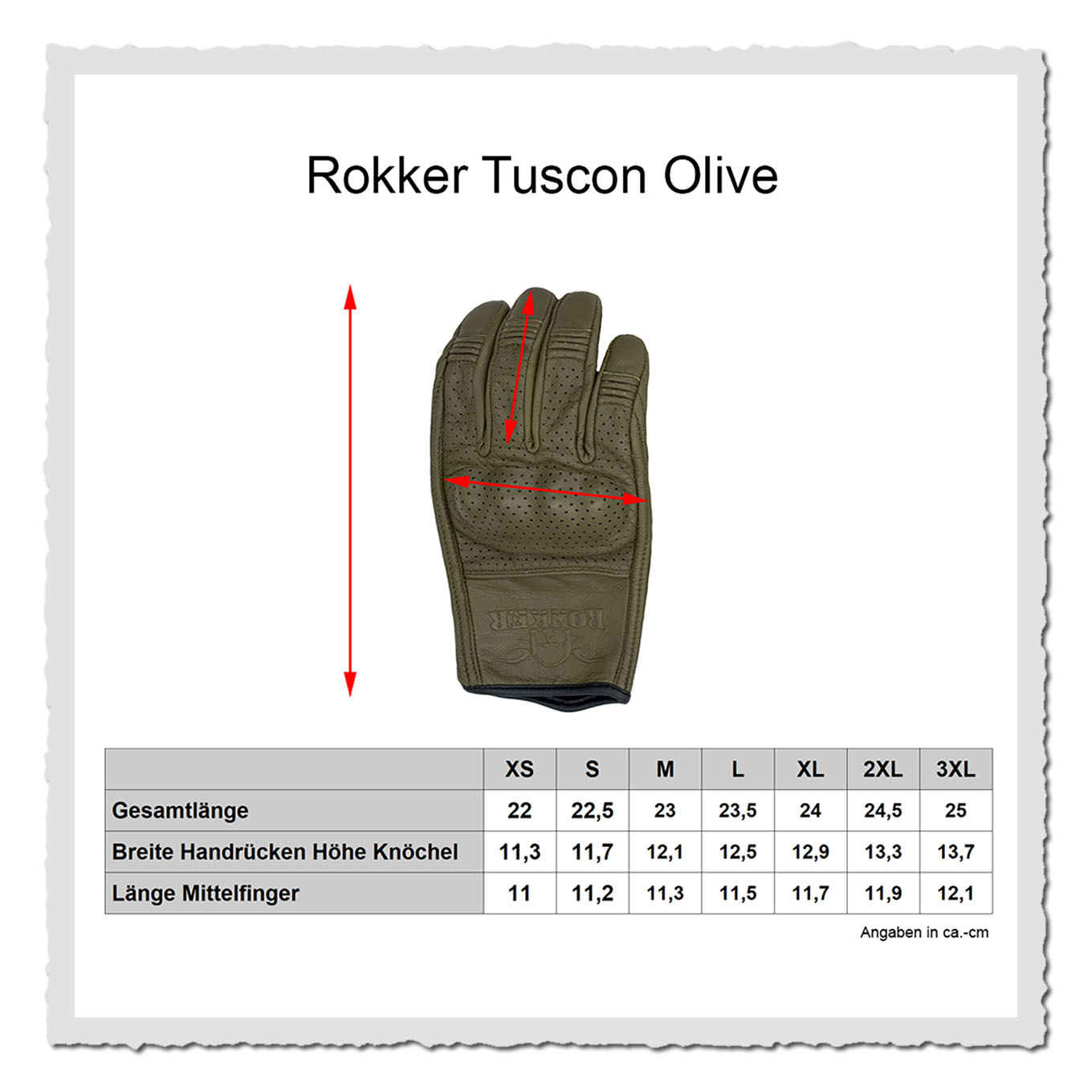 Masstabelle Motorradhandschuh mit Größen-Grafik und freigestelltem Handschuh vor hellem Hintergrund